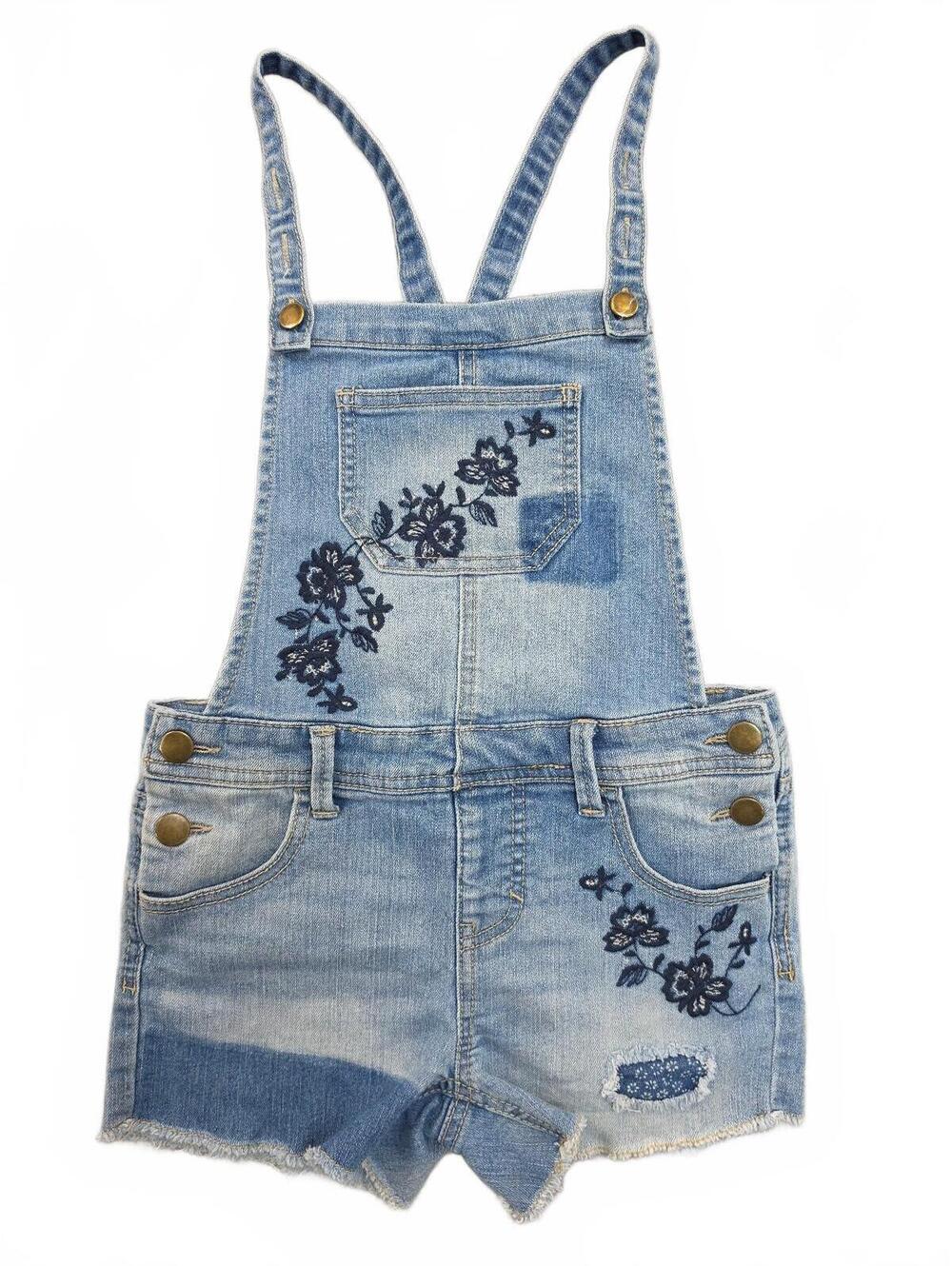 Size 7/8 Miss Me Girls Denim Short Overalls Floral Embroidered Distressed